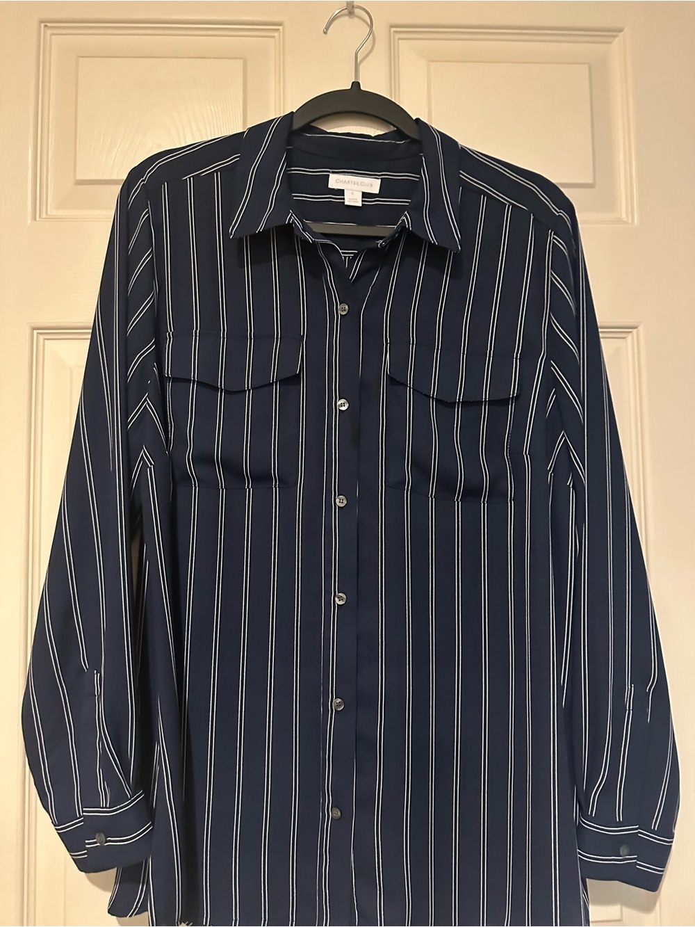 Charter Club Navy and White Striped Button-Front Shirt-L